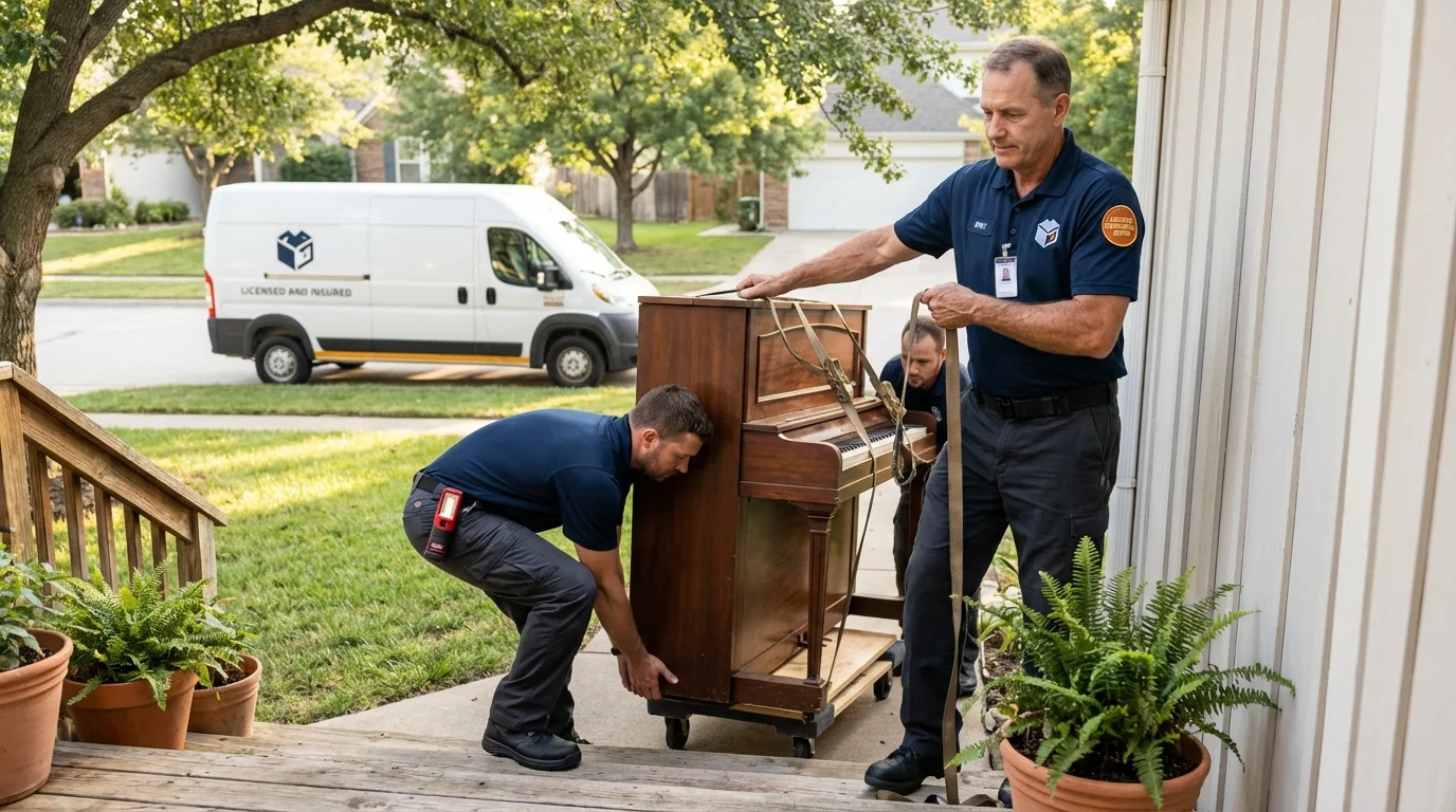 Licensed piano movers securing grand piano in Holt, MI