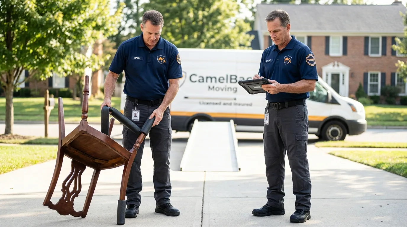Movers inspecting furniture for damage prevention before loading in Holt, MI